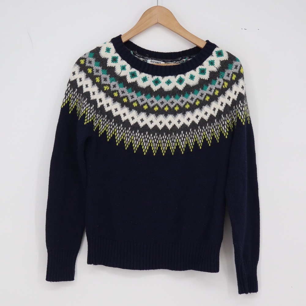 Old Navy Sweater Womens M Petite Fair Isle Yoke Navy Blue Cotton Blend Excellent